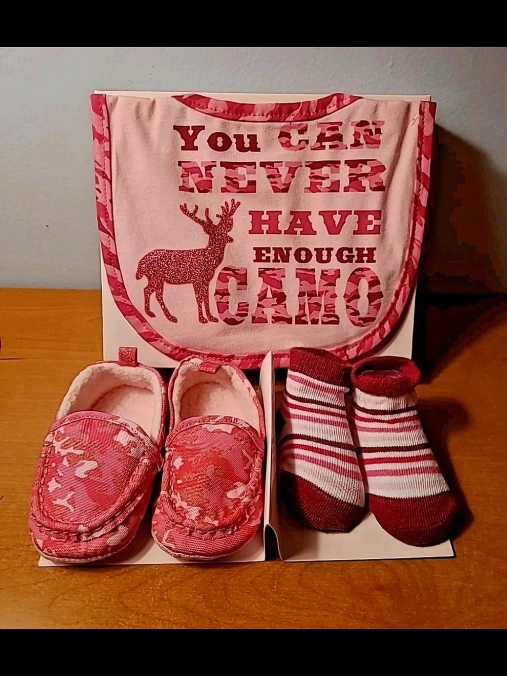 Pink Camo Baby Bib + Slippers & Socks Set By ABG New 6-12 Months